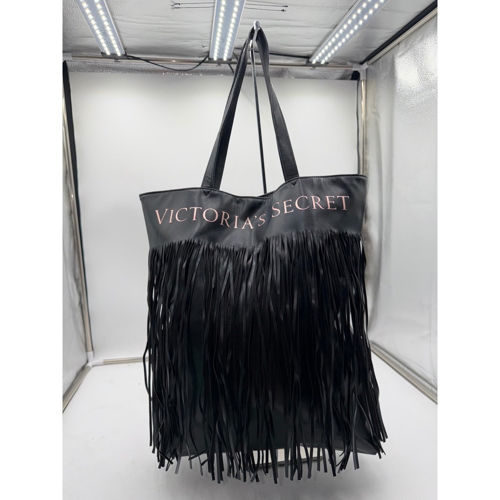 Victoria's Secret Black Faux Leather Fringe Tote Bag Pink Logo Shoulder Bag